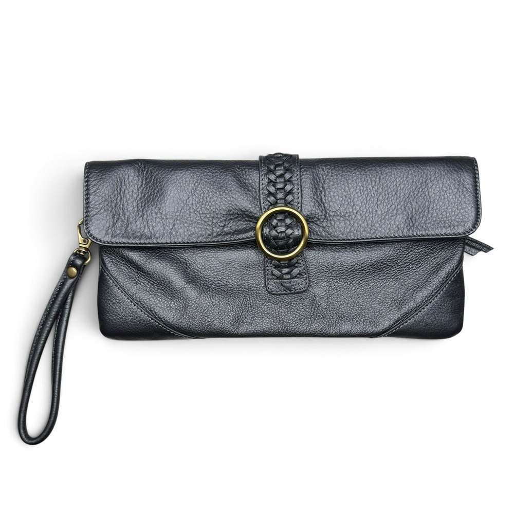 Clarks England Leather Baguette Clutch Bag Wristlet Blue Cotton Lined